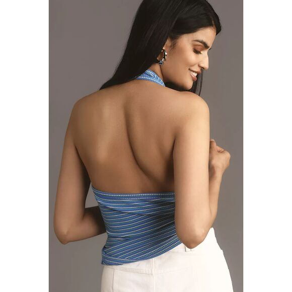 ANTHROPOLOGIE Pilcro Blue White Striped Textured Scoop Neck Halter Top Size XL - Picture 2 of 8